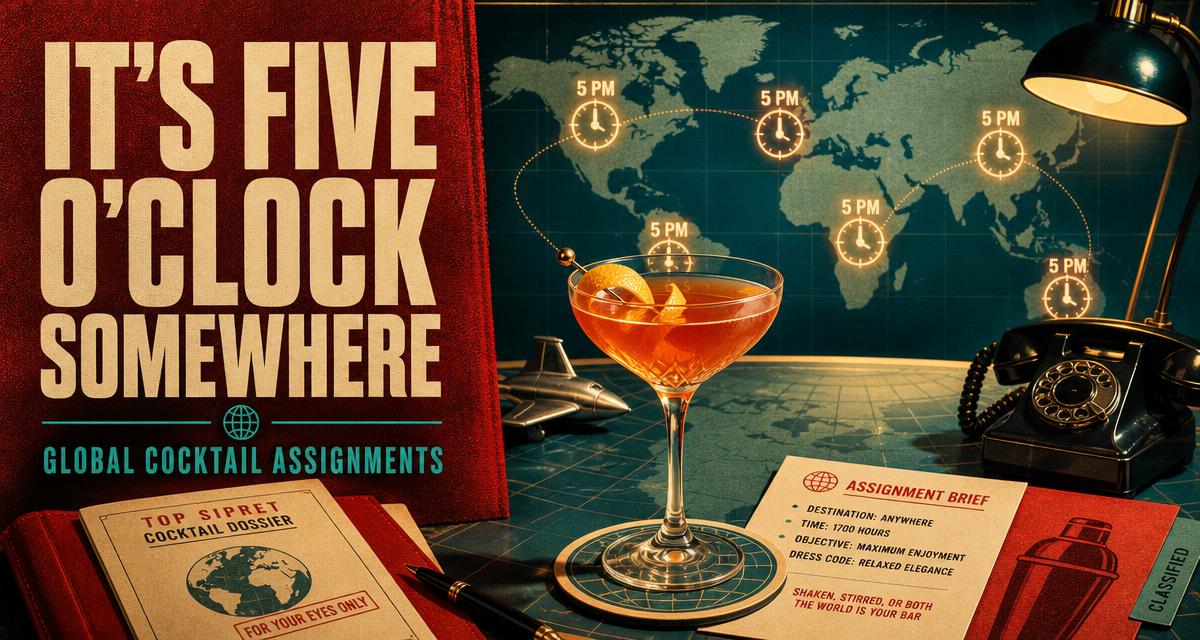 A retro spy briefing desk with a cocktail and world map marked at 5 PM